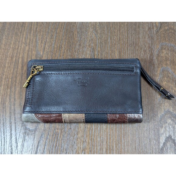 VTG Fossil Leather Wallet Black Gold Patchwork Studded Bi-fold Zip Snap Boho Y2K - Picture 6 of 14